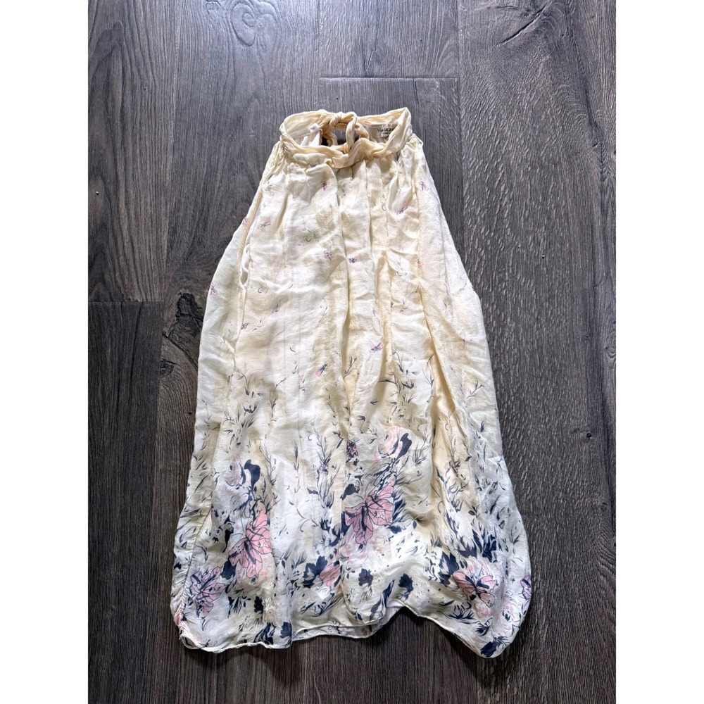 Via Signoria Floral Silk Halter Top Size L Cream Butterfly Tie Made in Italy